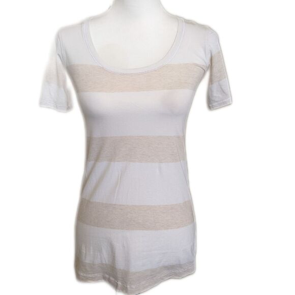 Lululemon Athletica cream & tan striped tee t-shirt, scoop neck, small - Picture 1 of 6